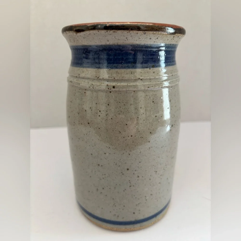 Vintage Mark Essig Signed Blue Apple Stoneware Vase/Utensil Holder 7